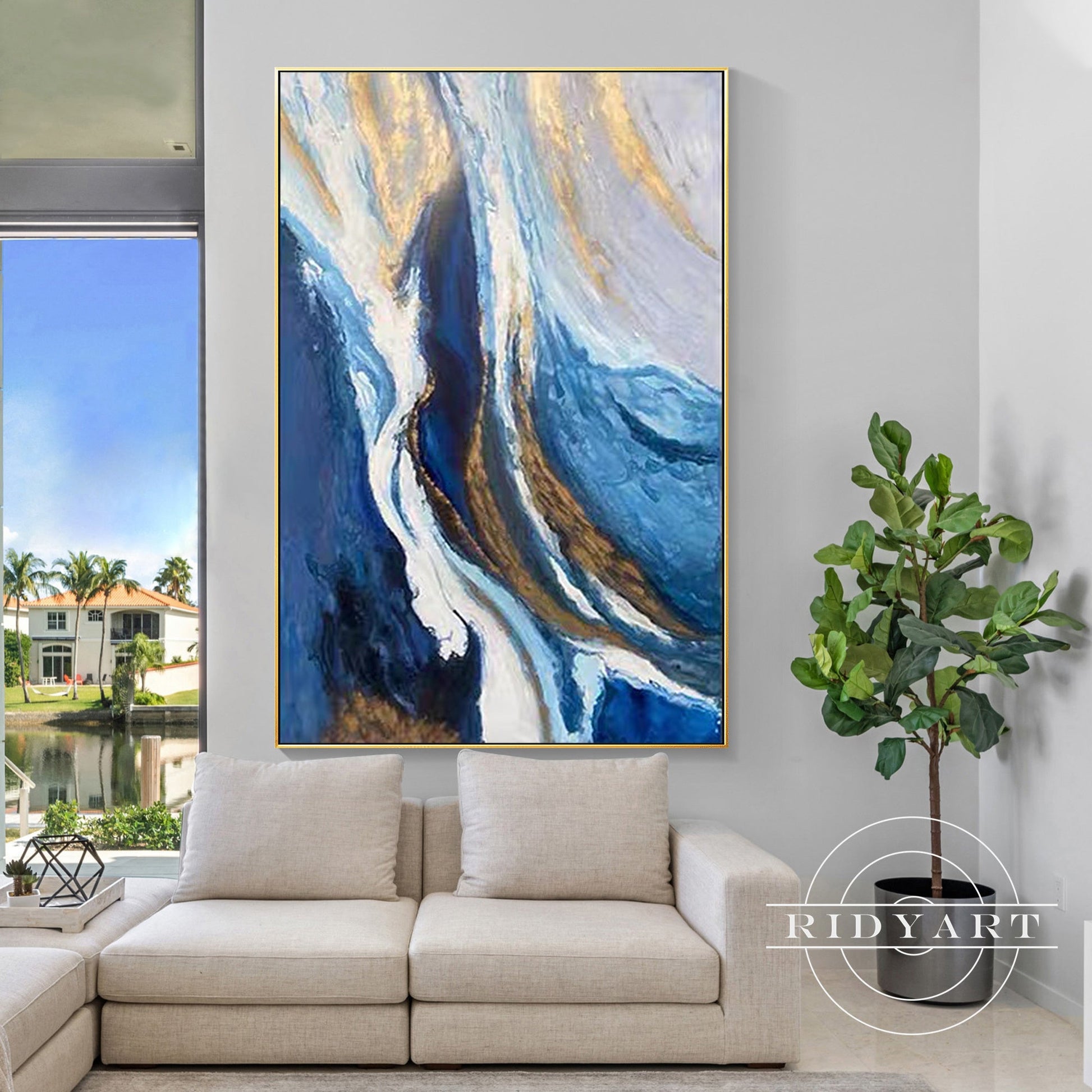 Navy Blue & Gold Abstract Ocean Painting