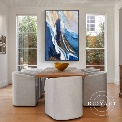 Navy Blue & Gold Abstract Ocean Painting