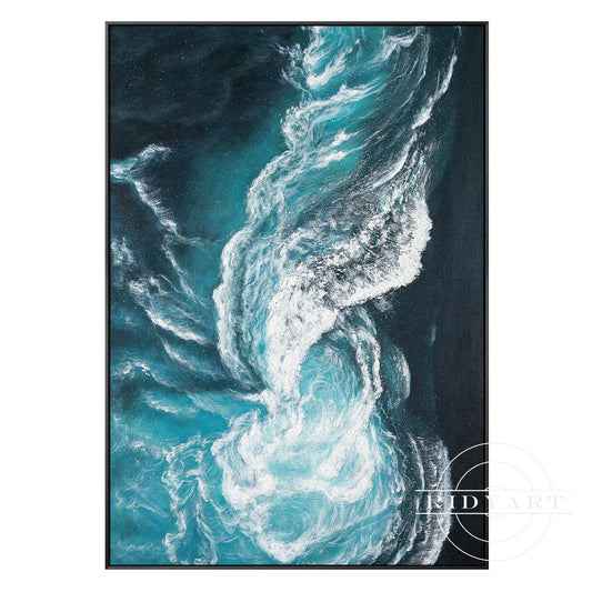Ocean Wave Abstract Canvas Wall Art - Teal & White