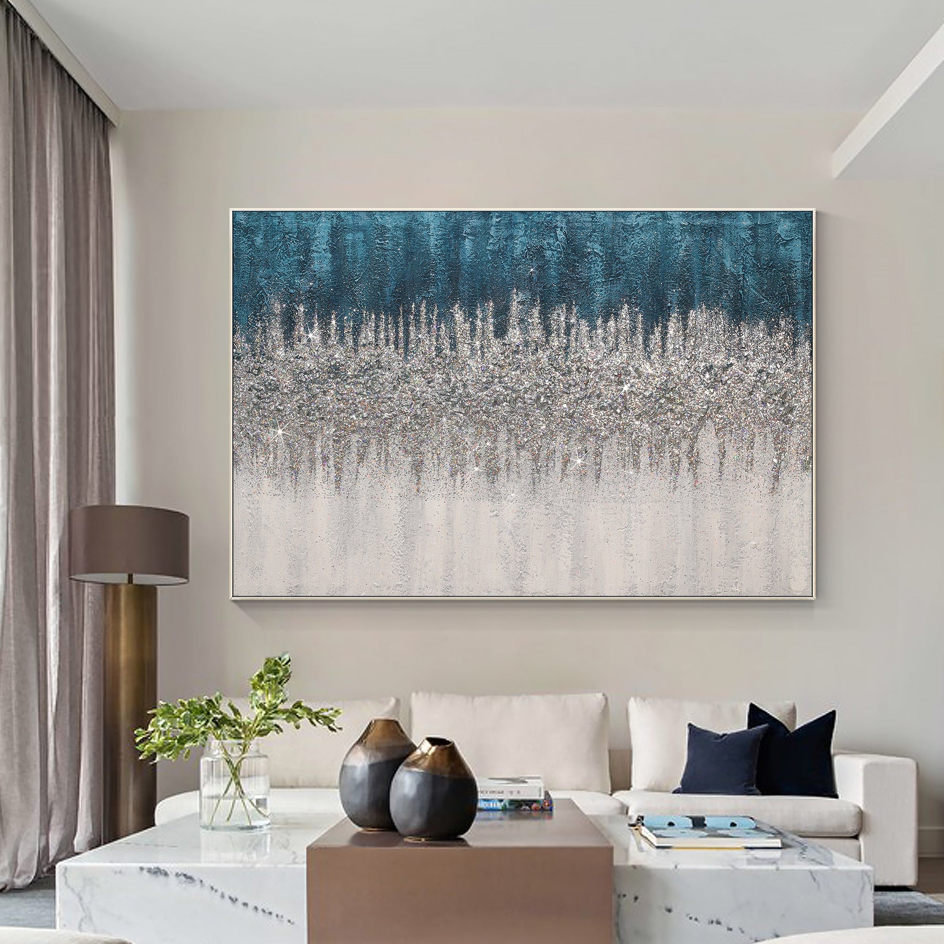Original Abstract Blue Silver White Glitter Frame Wall Art