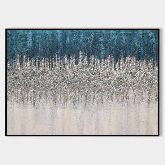 Original Abstract Blue Silver White Glitter Frame Wall Art