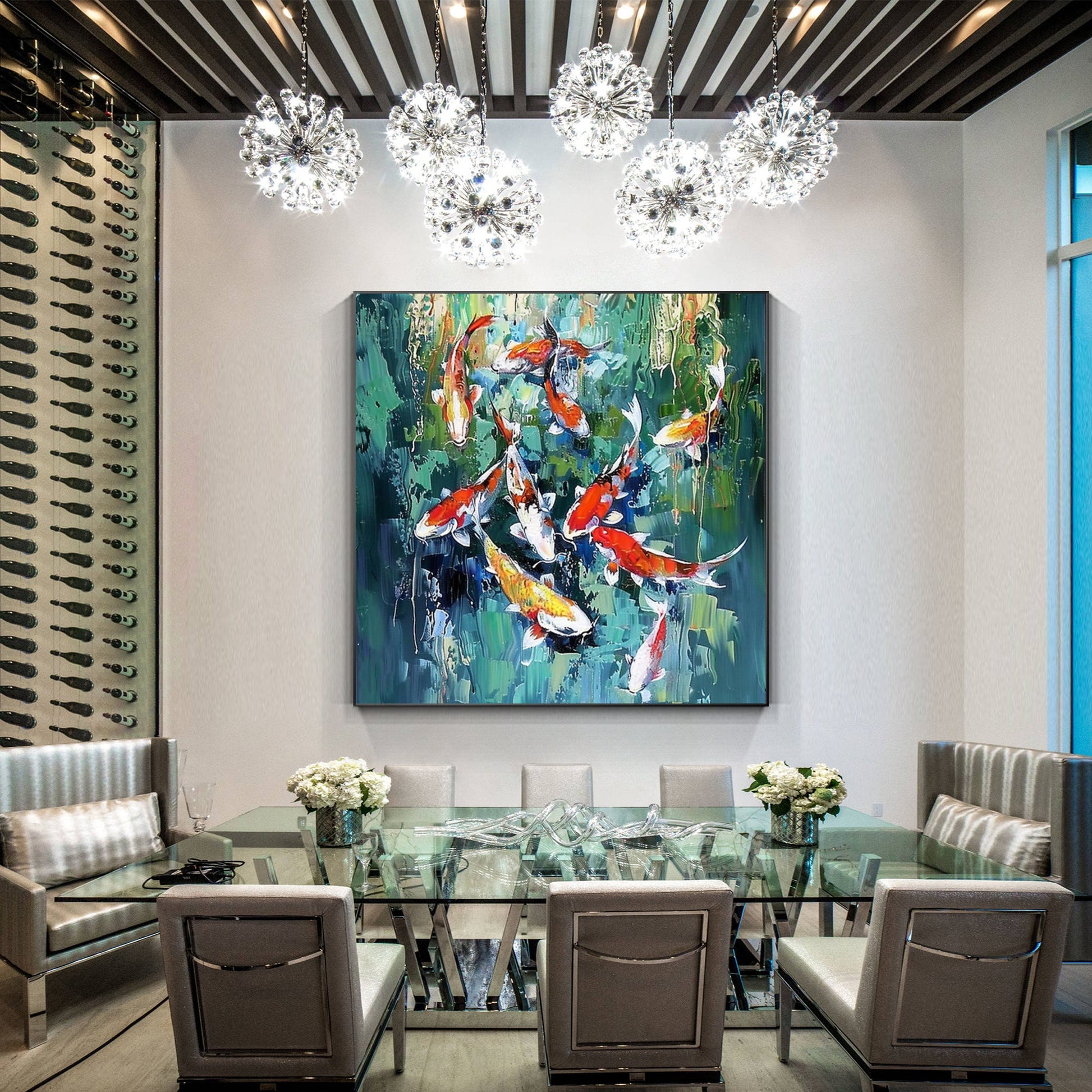Original Koi Fish Painting - Feng Shui Square Green Wall Art