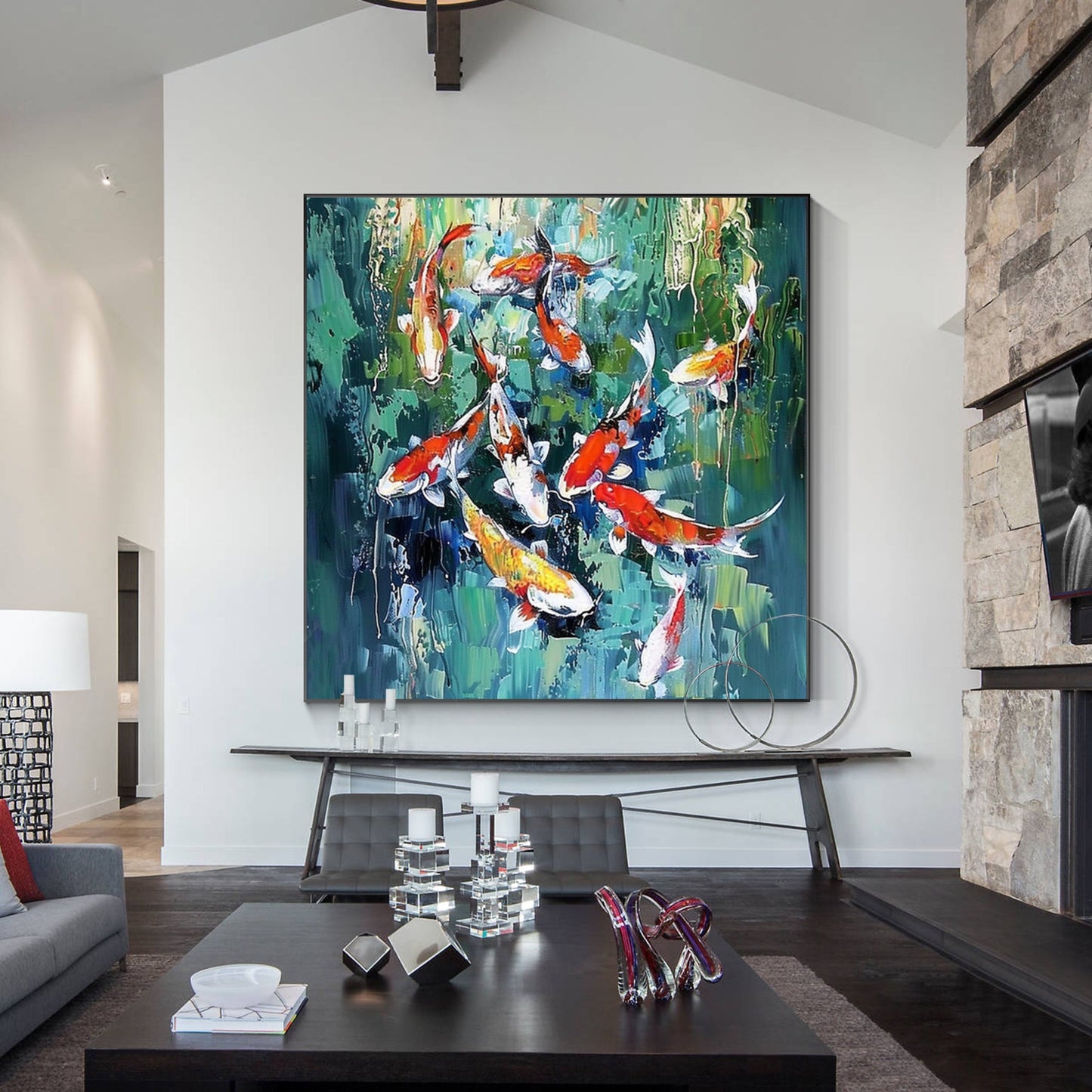 Original Koi Fish Painting - Feng Shui Square Green Wall Art