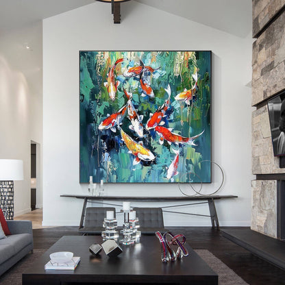 Original Koi Fish Painting - Feng Shui Square Green Wall Art