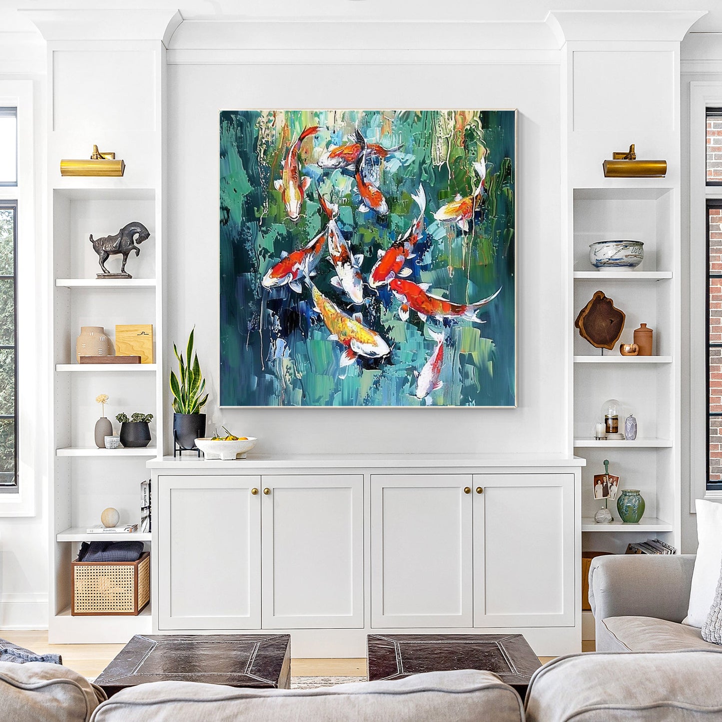 Original Koi Fish Painting - Feng Shui Square Green Wall Art