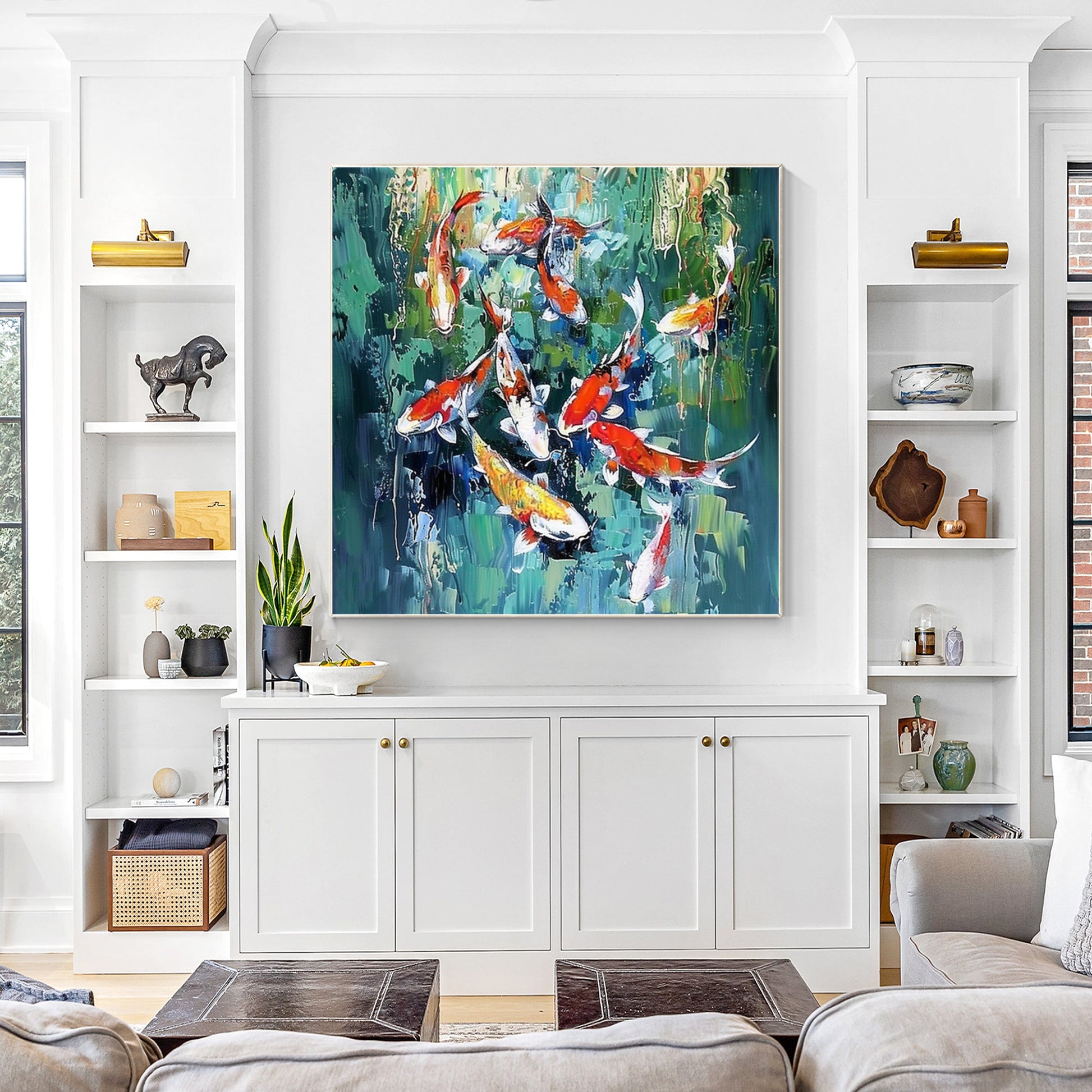 Original Koi Fish Painting - Feng Shui Square Green Wall Art