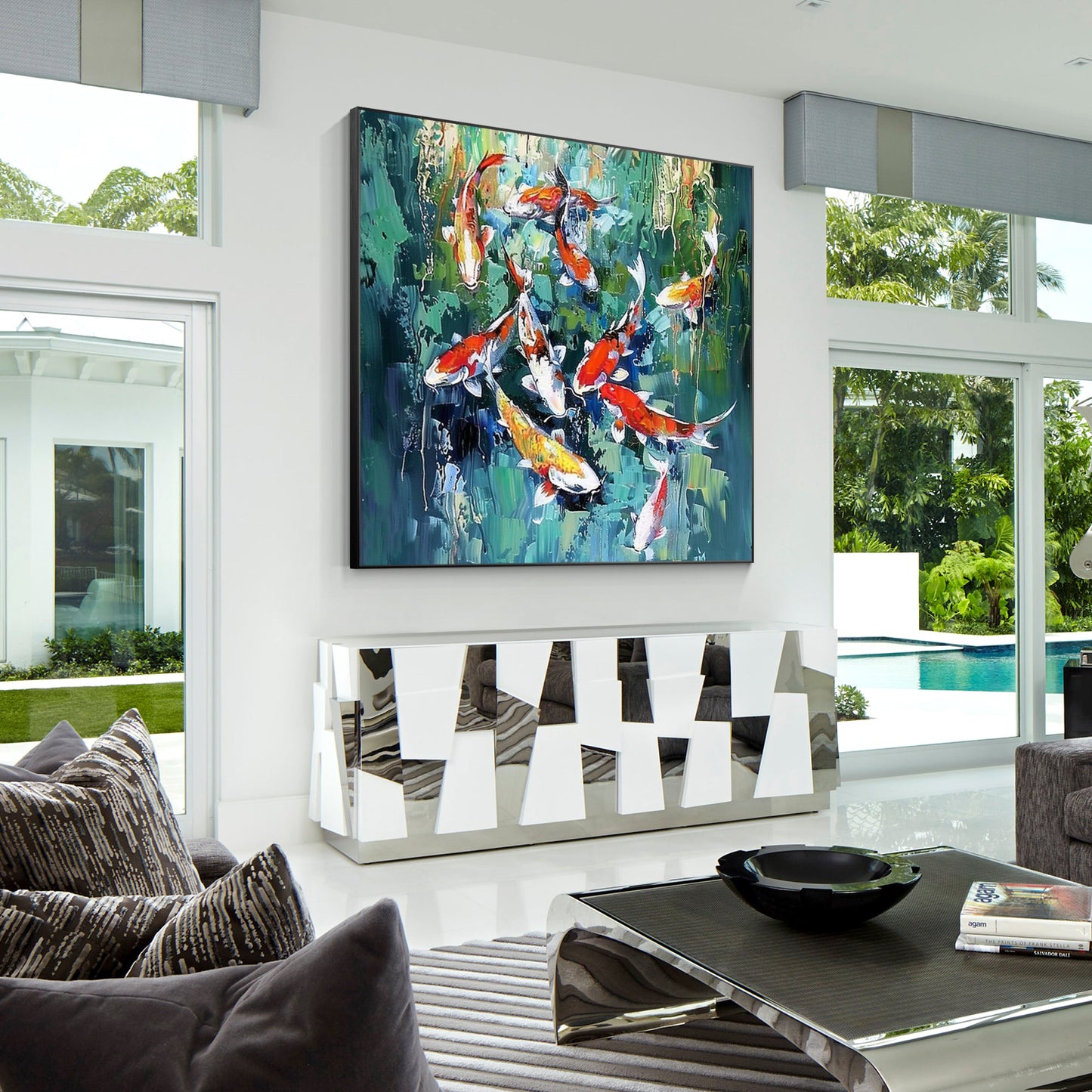 Original Koi Fish Painting - Feng Shui Square Green Wall Art