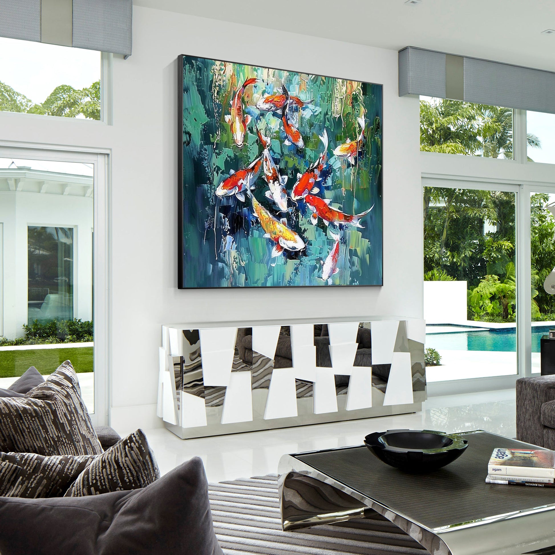 Original Koi Fish Painting - Feng Shui Square Green Wall Art