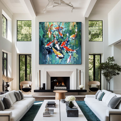 Original Koi Fish Painting - Feng Shui Square Green Wall Art