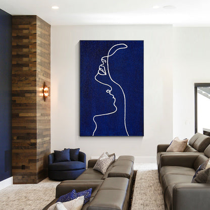 Picasso Line Woman Profile Painting - Navy Blue Wall Art