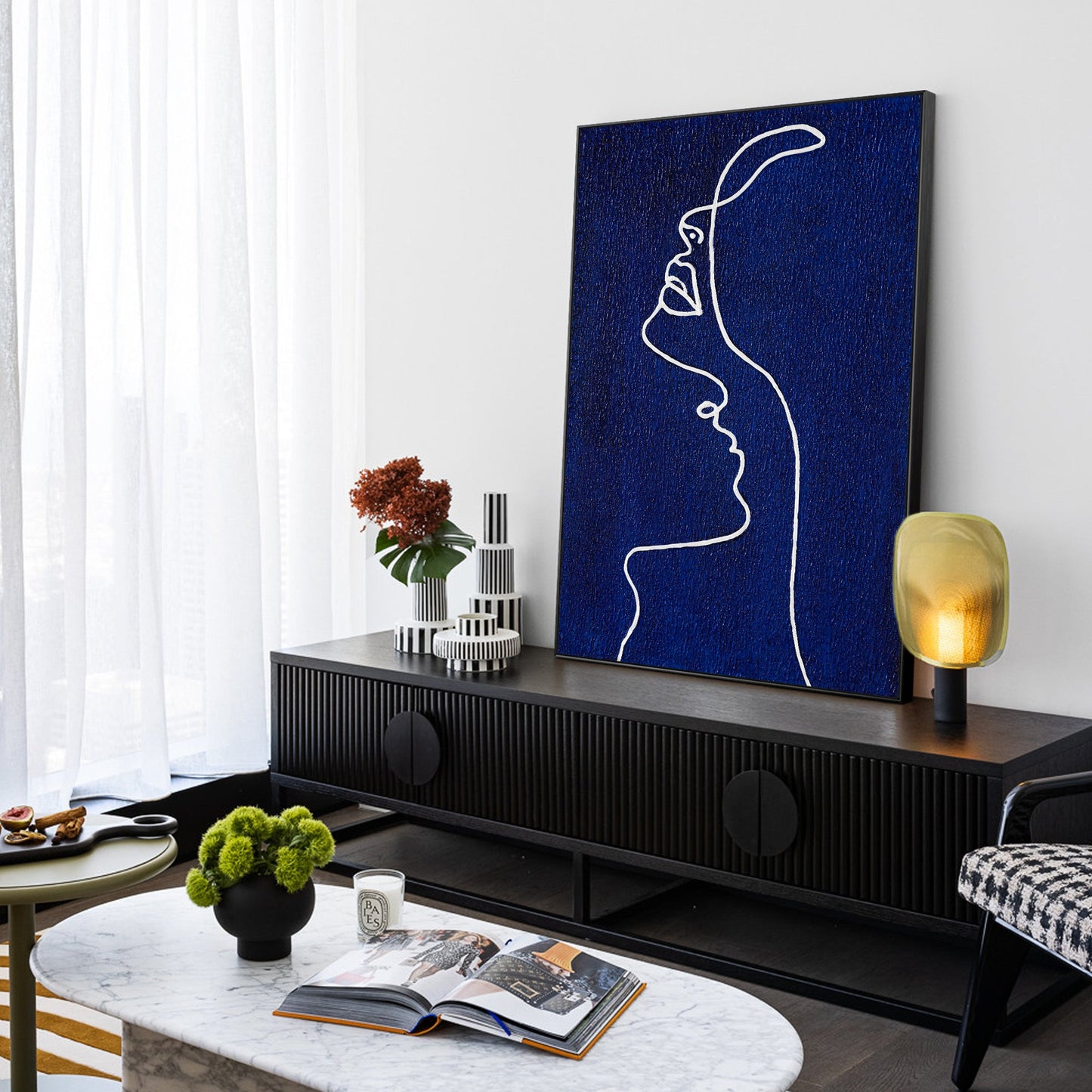 Picasso Line Woman Profile Painting - Navy Blue Wall Art