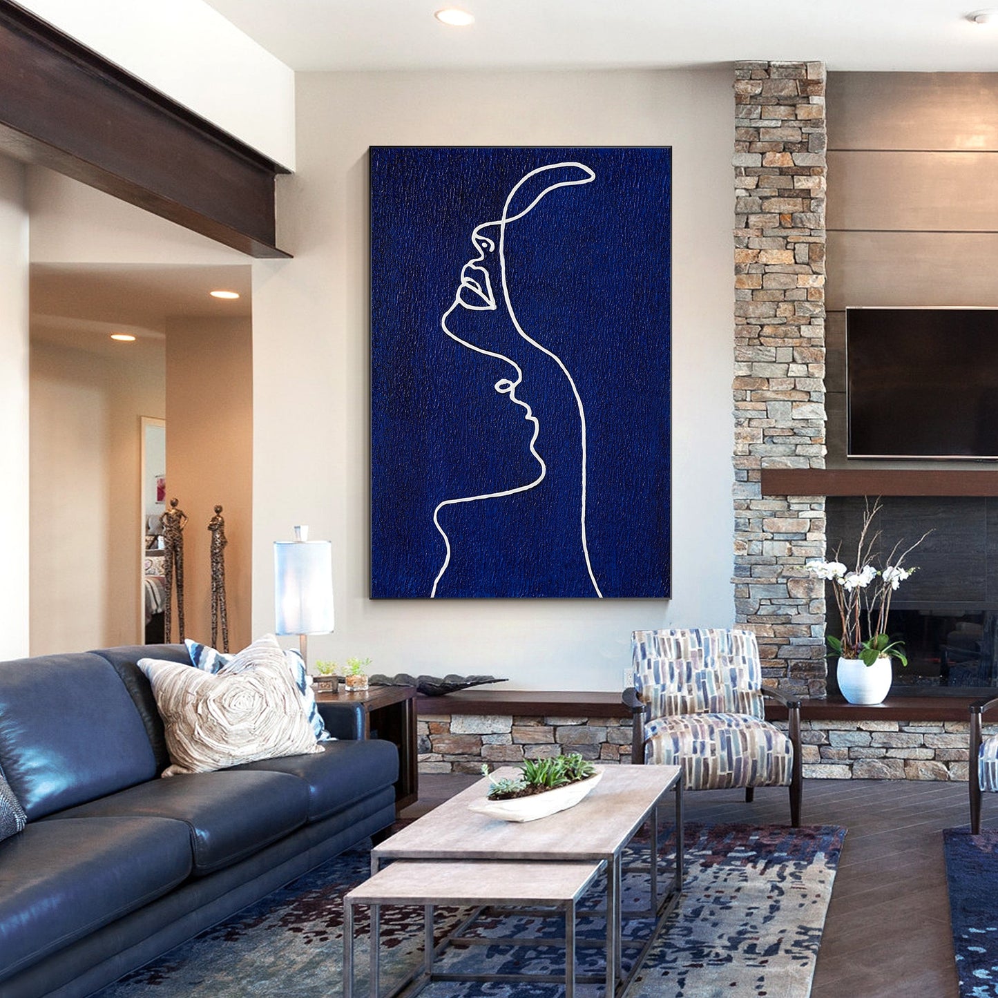 Picasso Line Woman Profile Painting - Navy Blue Wall Art