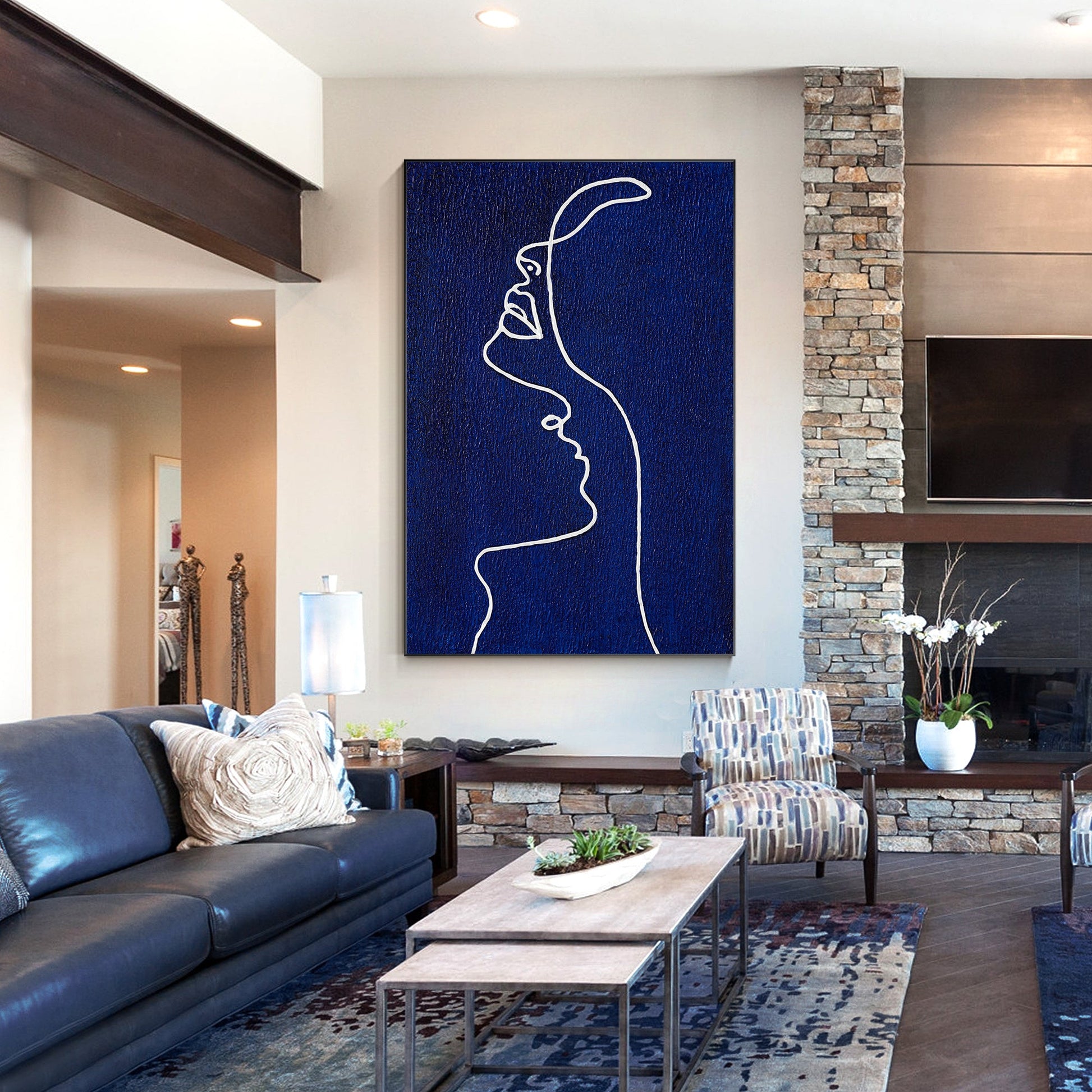 Picasso Line Woman Profile Painting - Navy Blue Wall Art