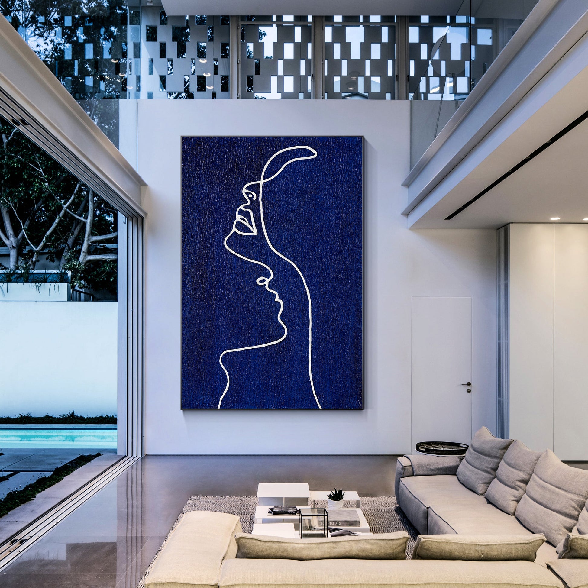 Picasso Line Woman Profile Painting - Navy Blue Wall Art