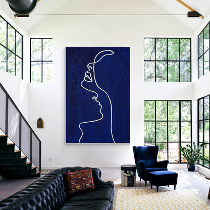 Picasso Line Woman Profile Painting - Navy Blue Wall Art