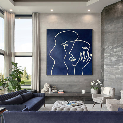 Picasso One Line Art - Navy Blue Minimalist Canvas Painting