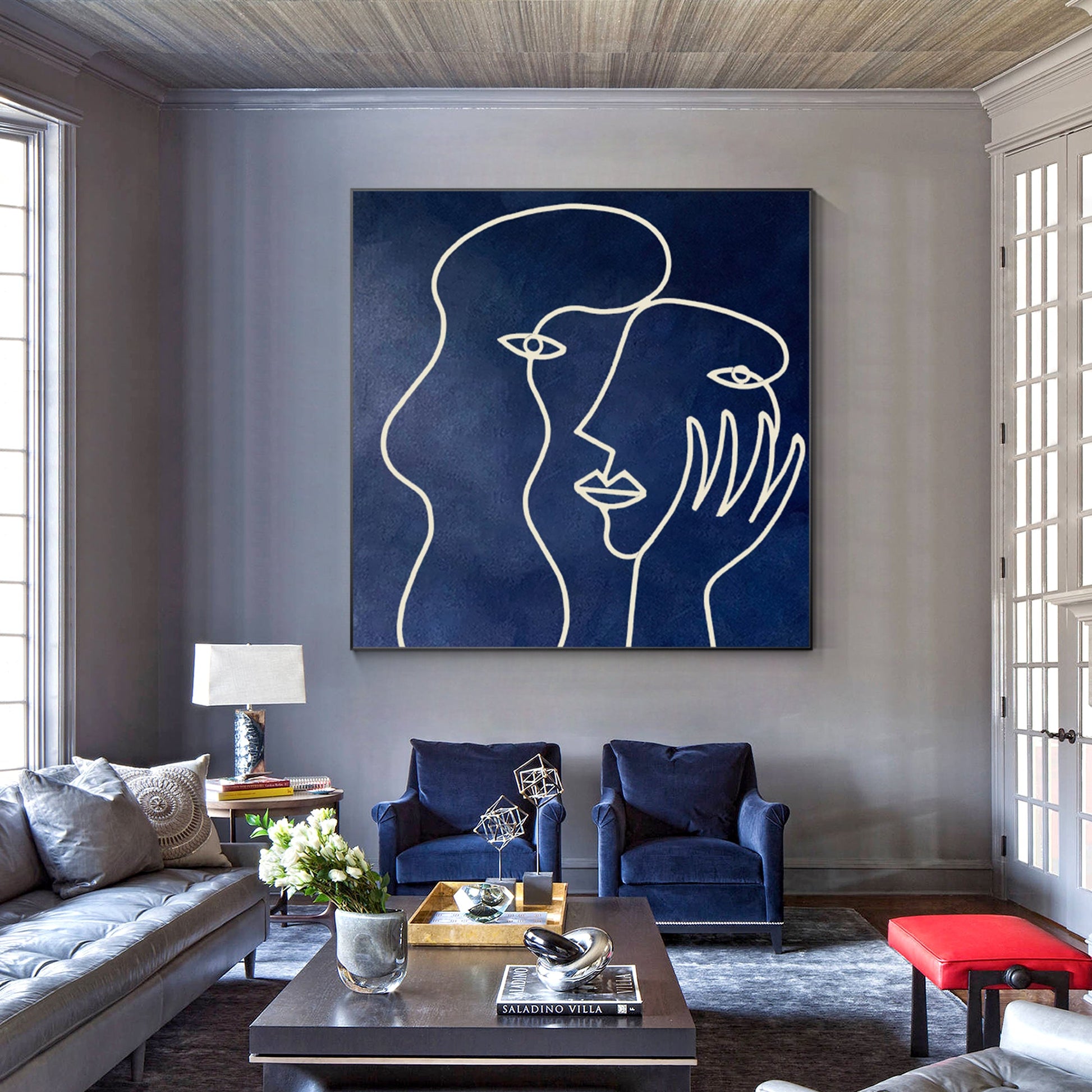 Picasso One Line Art - Navy Blue Minimalist Canvas Painting