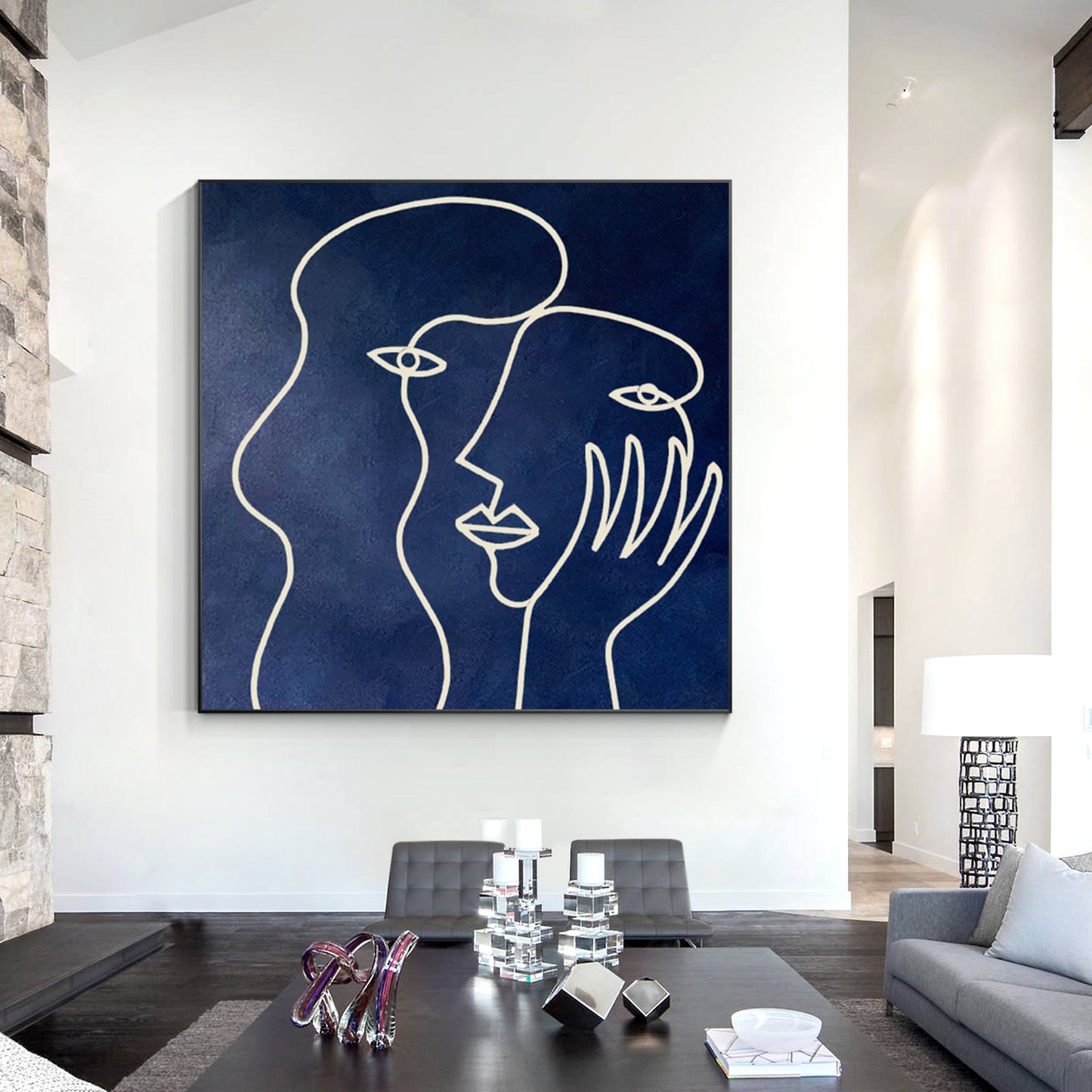 Picasso One Line Art - Navy Blue Minimalist Canvas Painting
