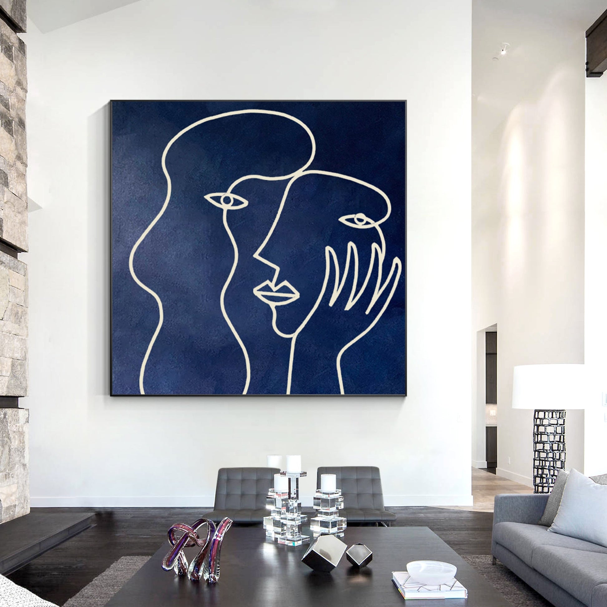 Picasso One Line Art - Navy Blue Minimalist Canvas Painting