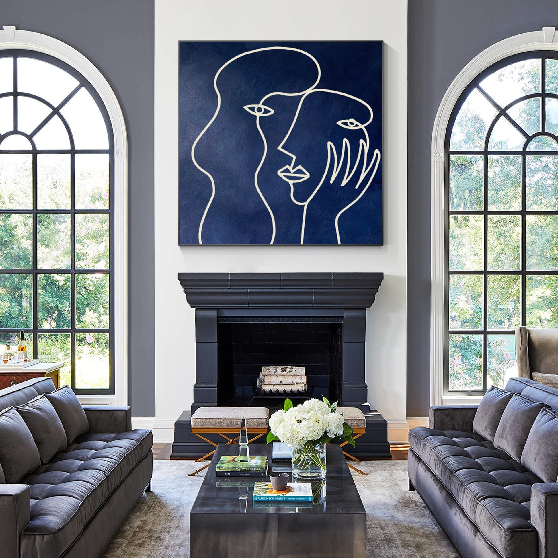 Picasso One Line Art - Navy Blue Minimalist Canvas Painting