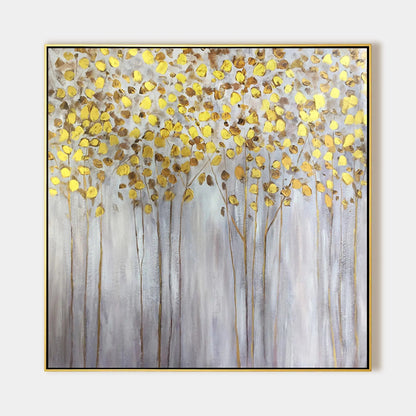 Forest Painting With Gold Tree's Leaf