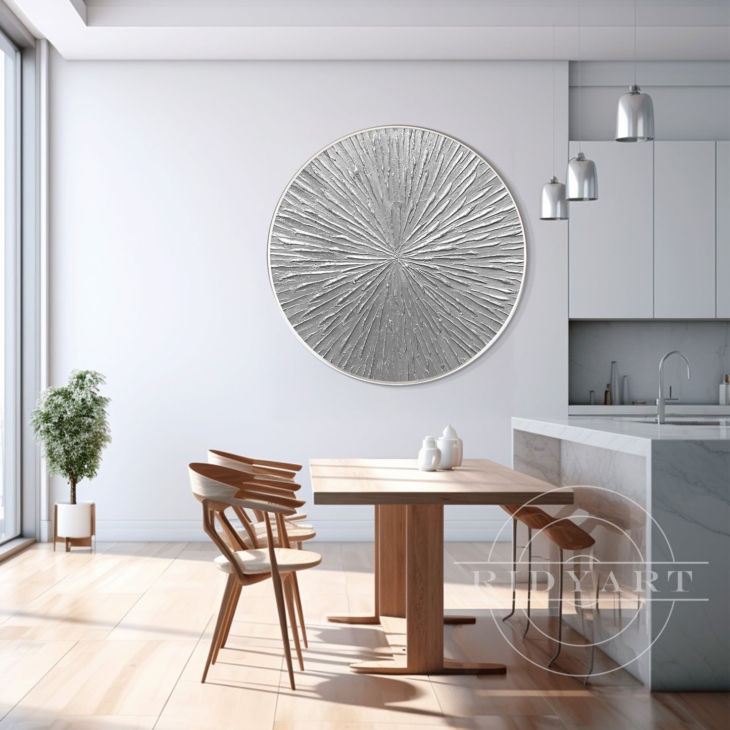 Round Silver Leaf 3D Textured Wall Art