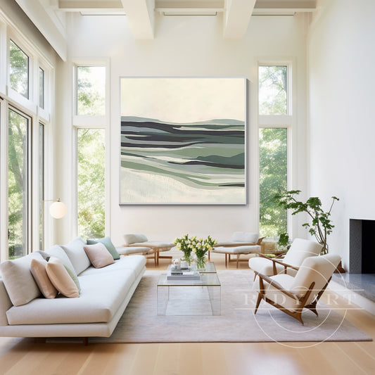 Sage Green Abstract Mountain River Painting