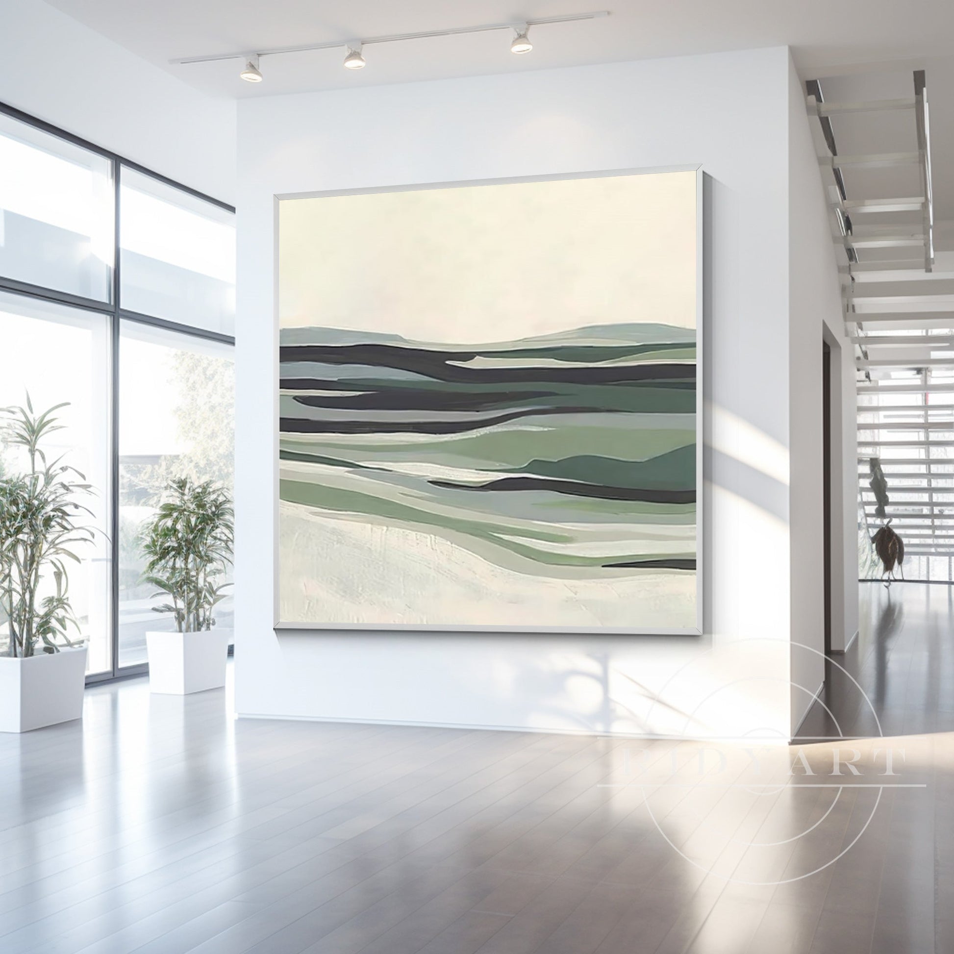 Sage Green Abstract Mountain River Painting