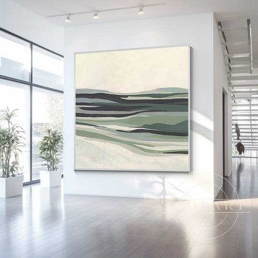 Sage Green Abstract Mountain River Painting