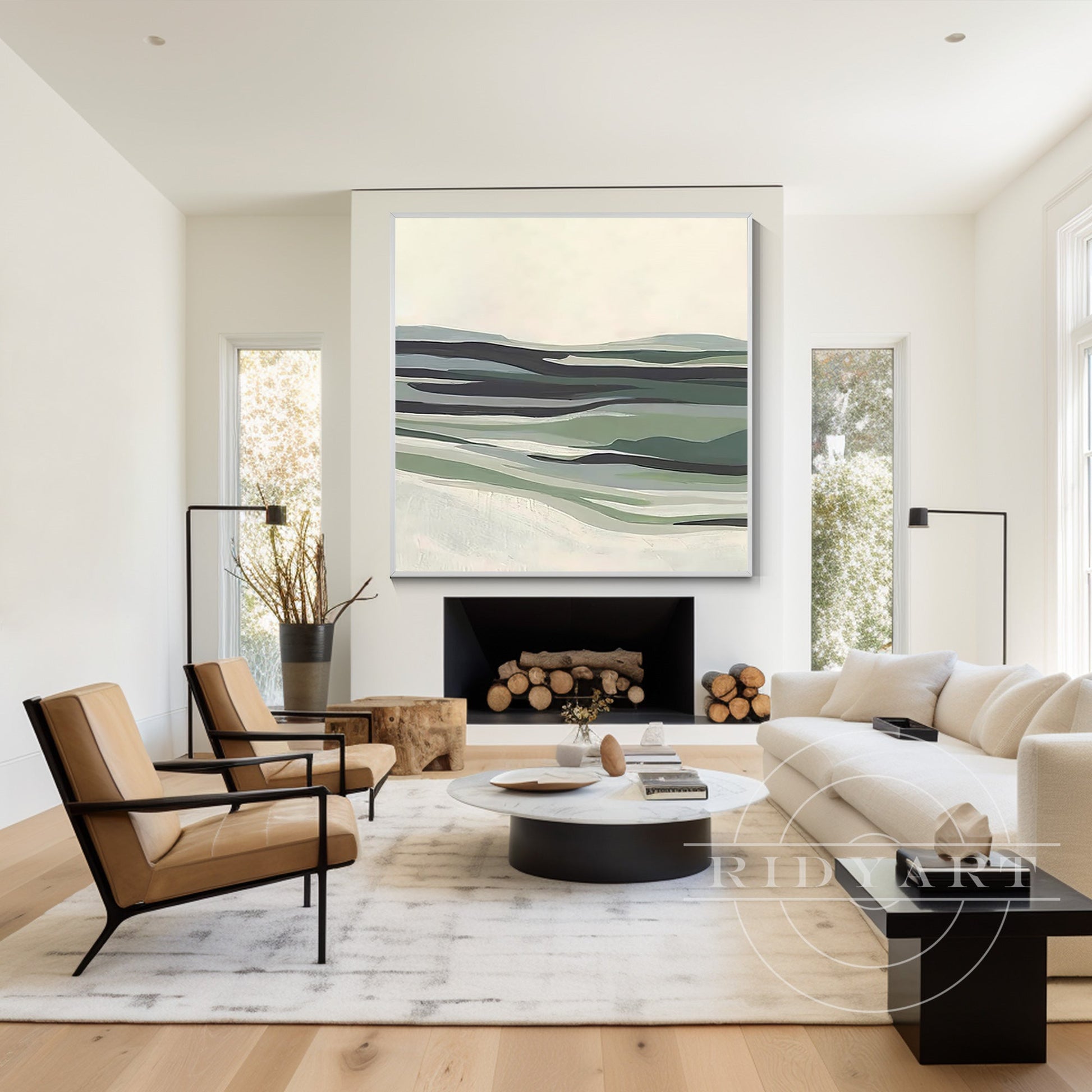 Sage Green Abstract Mountain River Painting