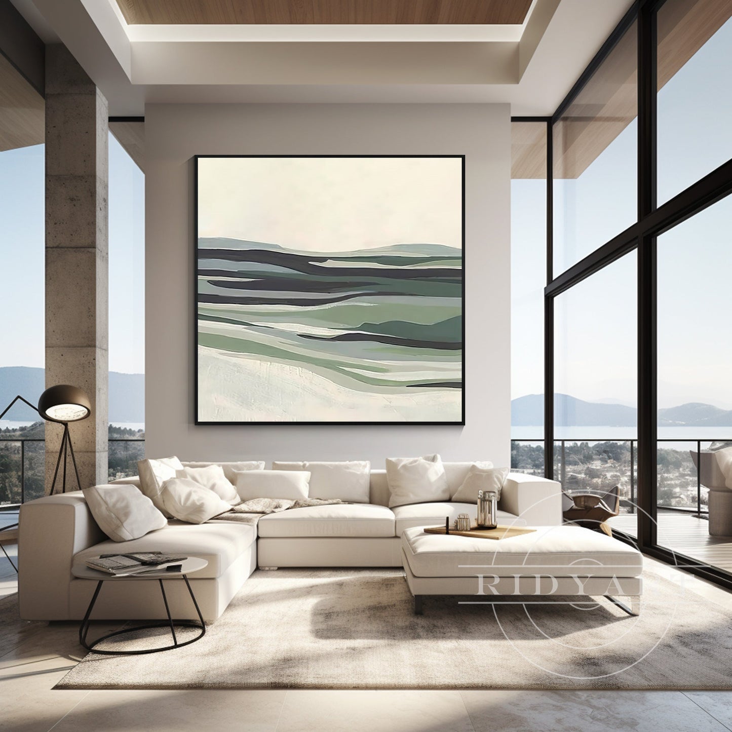 Sage Green Abstract Mountain River Painting