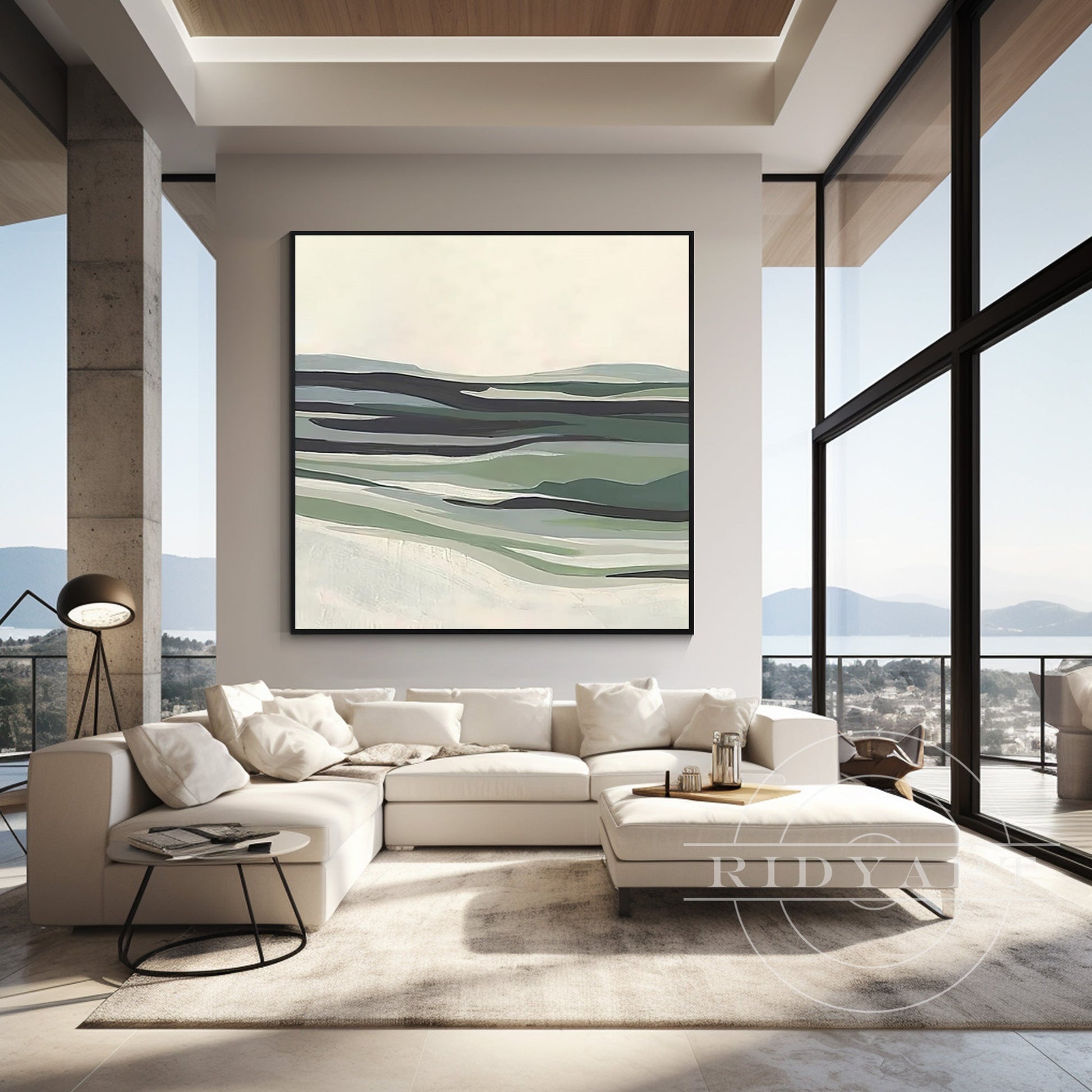 Sage Green Abstract Mountain River Painting