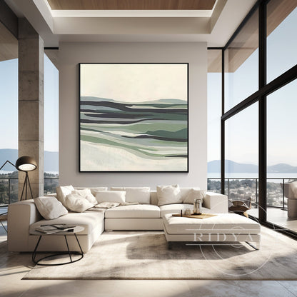 Sage Green Abstract Mountain River Painting