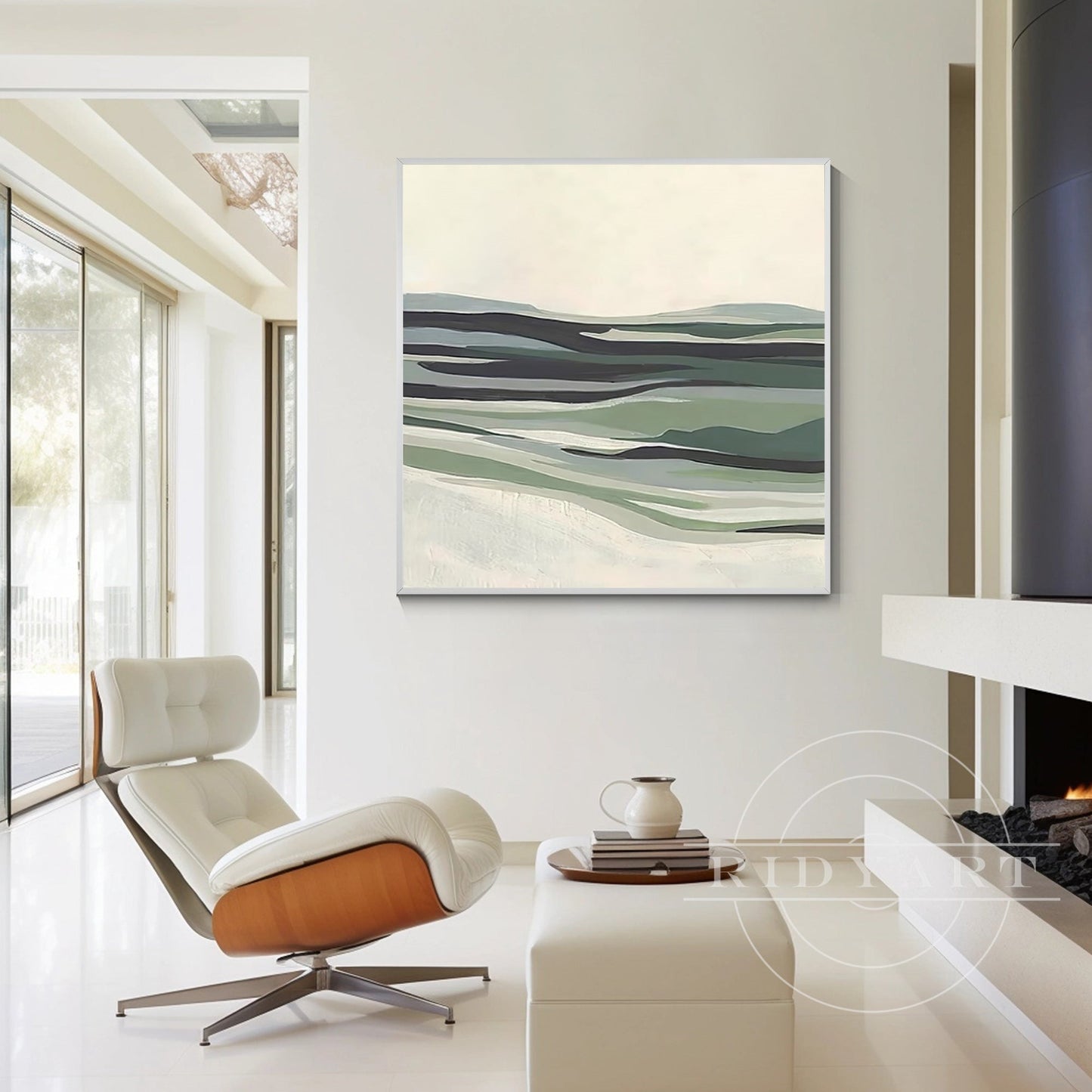 Sage Green Abstract Mountain River Painting