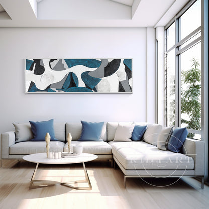 Teal Silver Abstract Wall Art - Long Geometric Canvas Decor