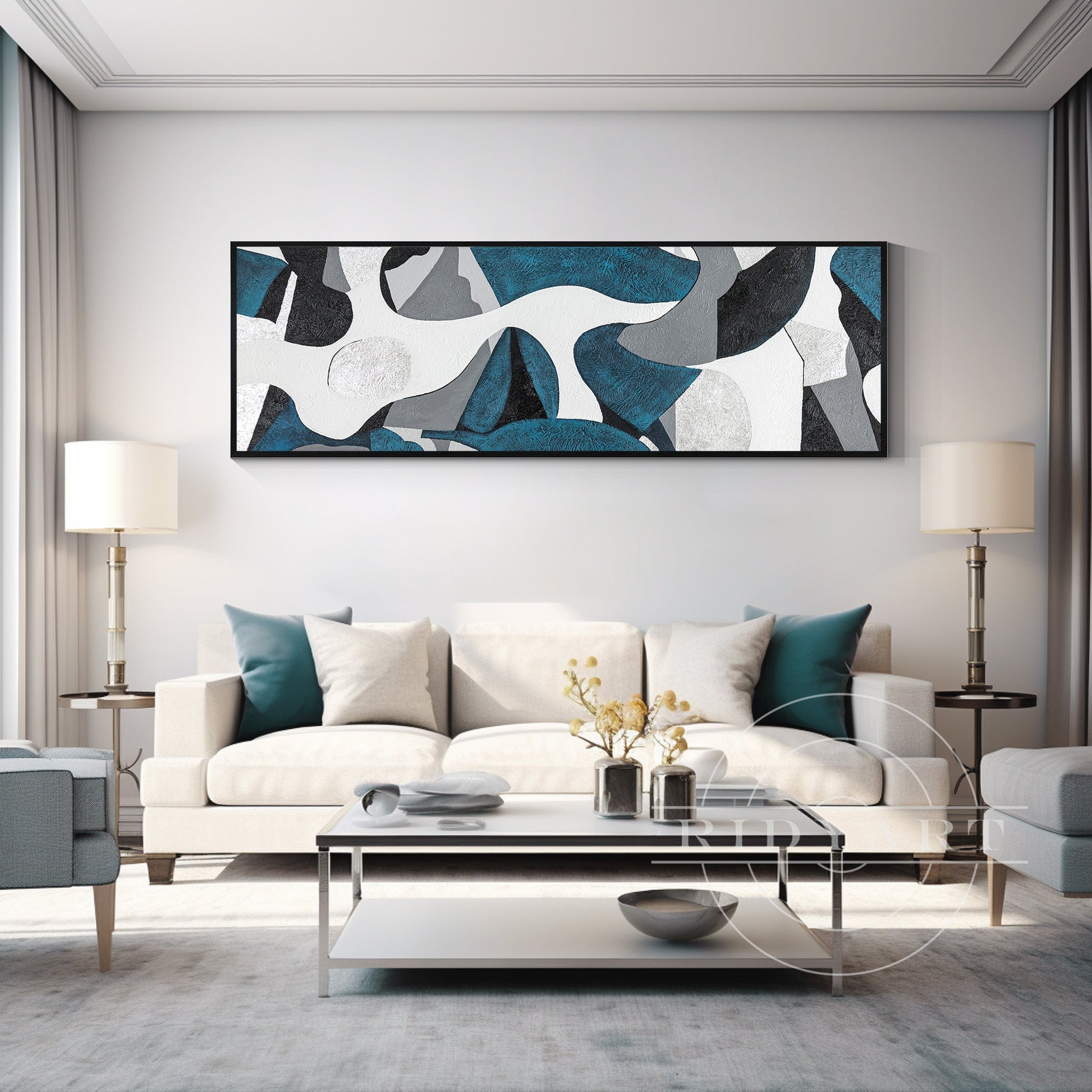 Teal Silver Abstract Wall Art - Long Geometric Canvas Decor