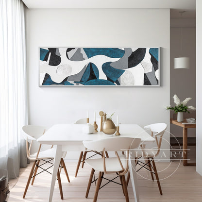 Teal Silver Abstract Wall Art - Long Geometric Canvas Decor