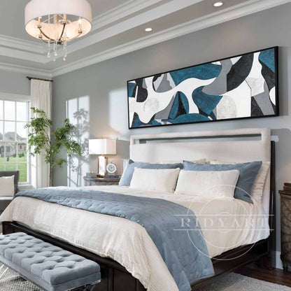 Teal Silver Abstract Wall Art - Long Geometric Canvas Decor