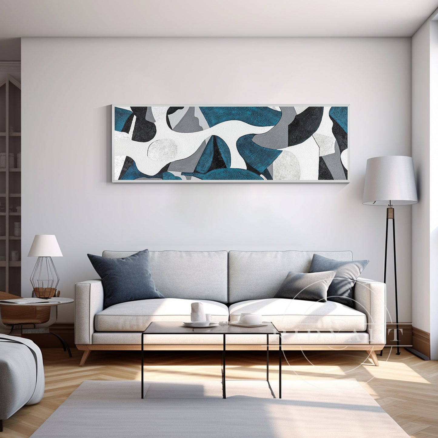 Teal Silver Abstract Wall Art - Long Geometric Canvas Decor