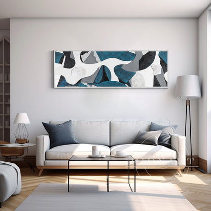 Teal Silver Abstract Wall Art - Long Geometric Canvas Decor