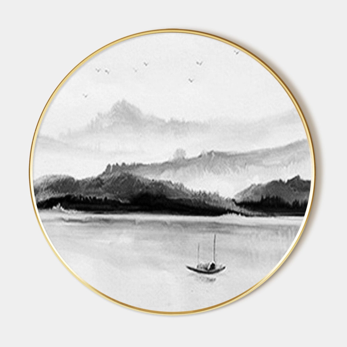 Black and White Mountain and Lake Painting Round Wall Art