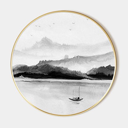 Black and White Mountain and Lake Painting Round Wall Art