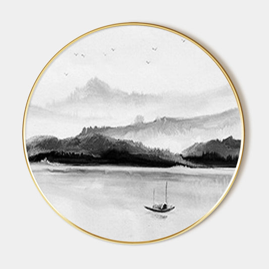 Black and White Mountain and Lake Painting Round Wall Art