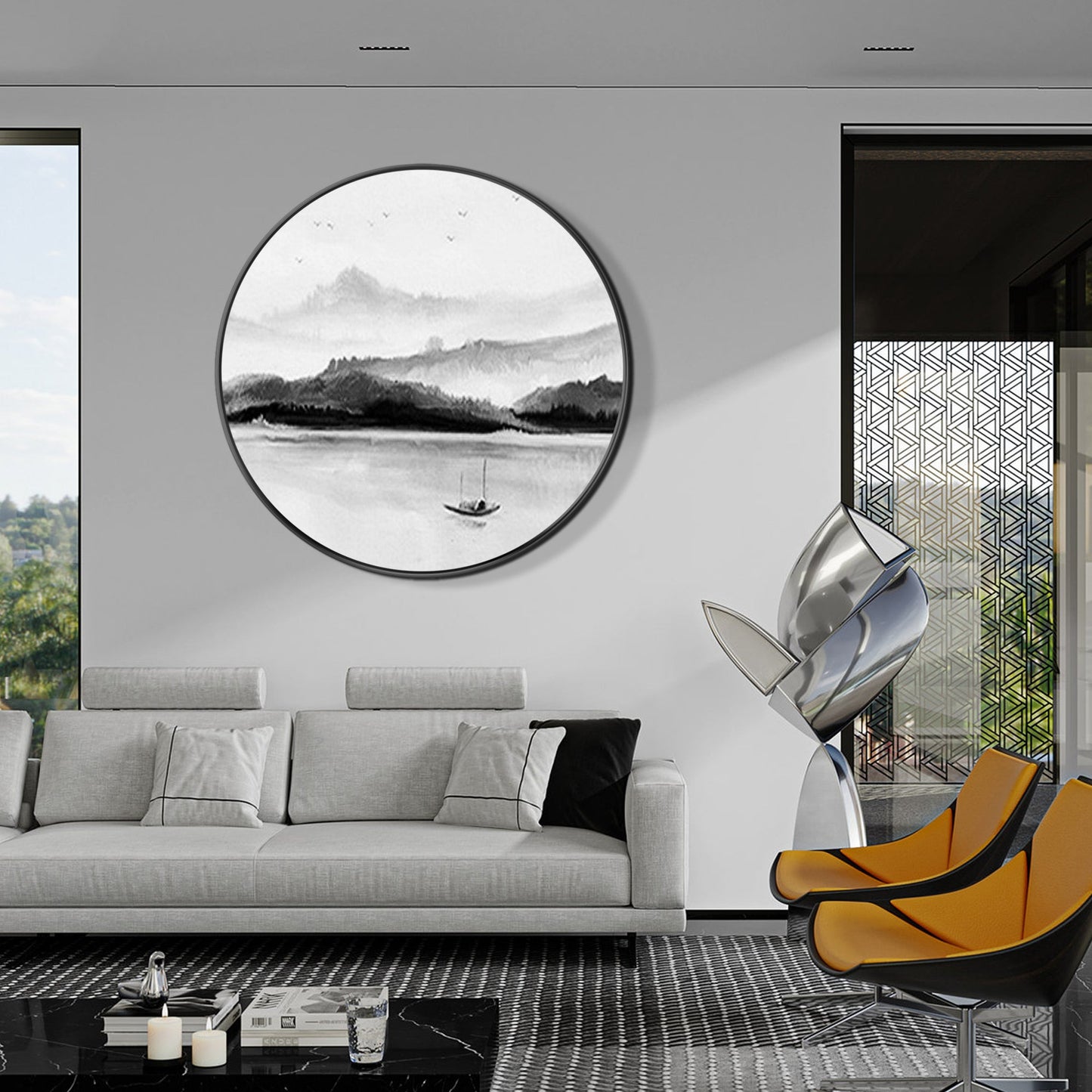 Black and White Mountain and Lake Painting Round Wall Art