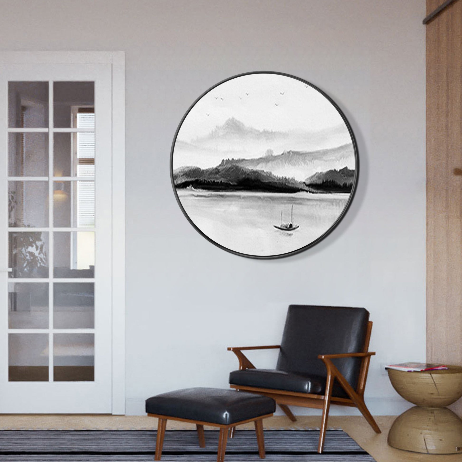 Black and White Mountain and Lake Painting Round Wall Art