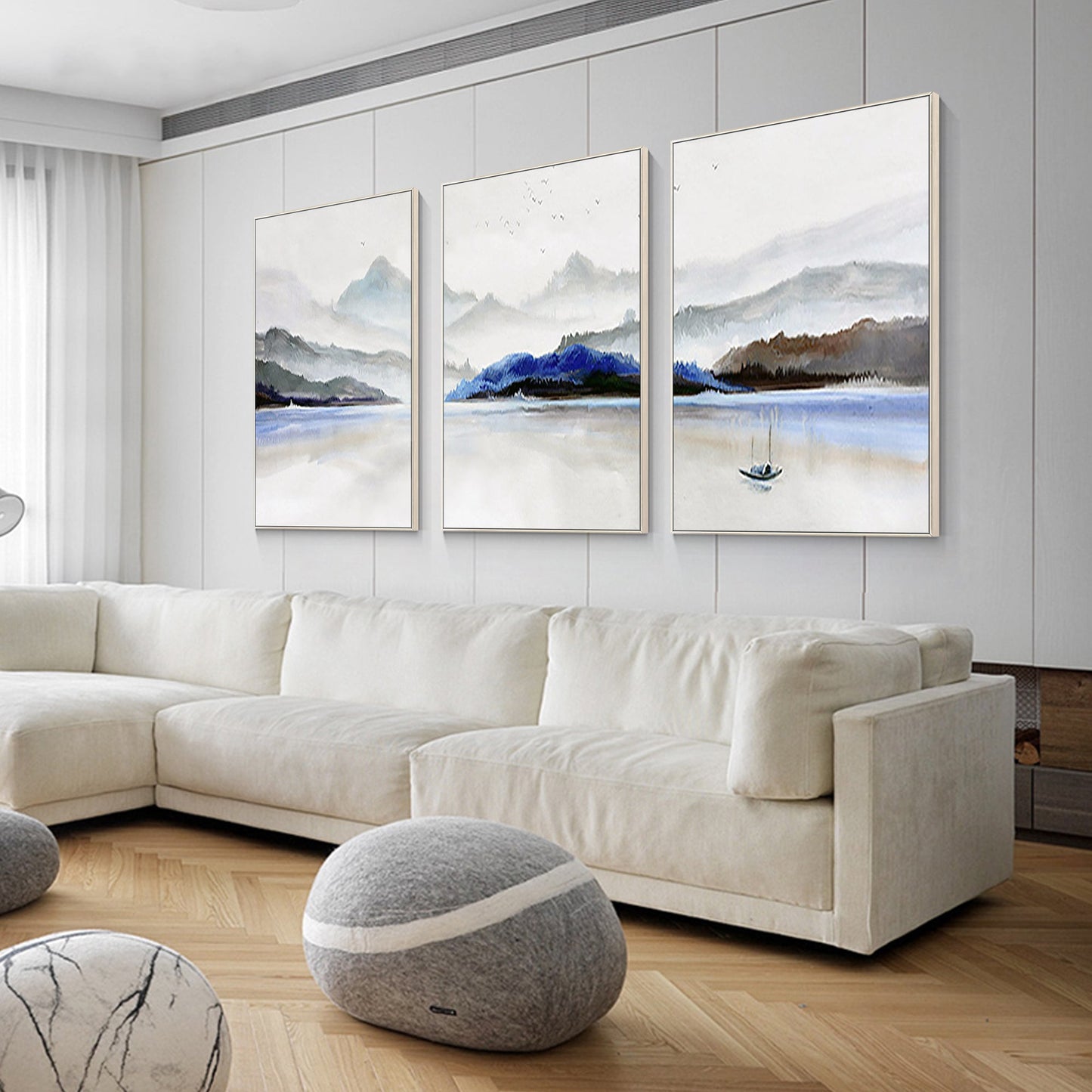 Set of 3 Pieces Mountain Lake Oil Painting Watercolor Art