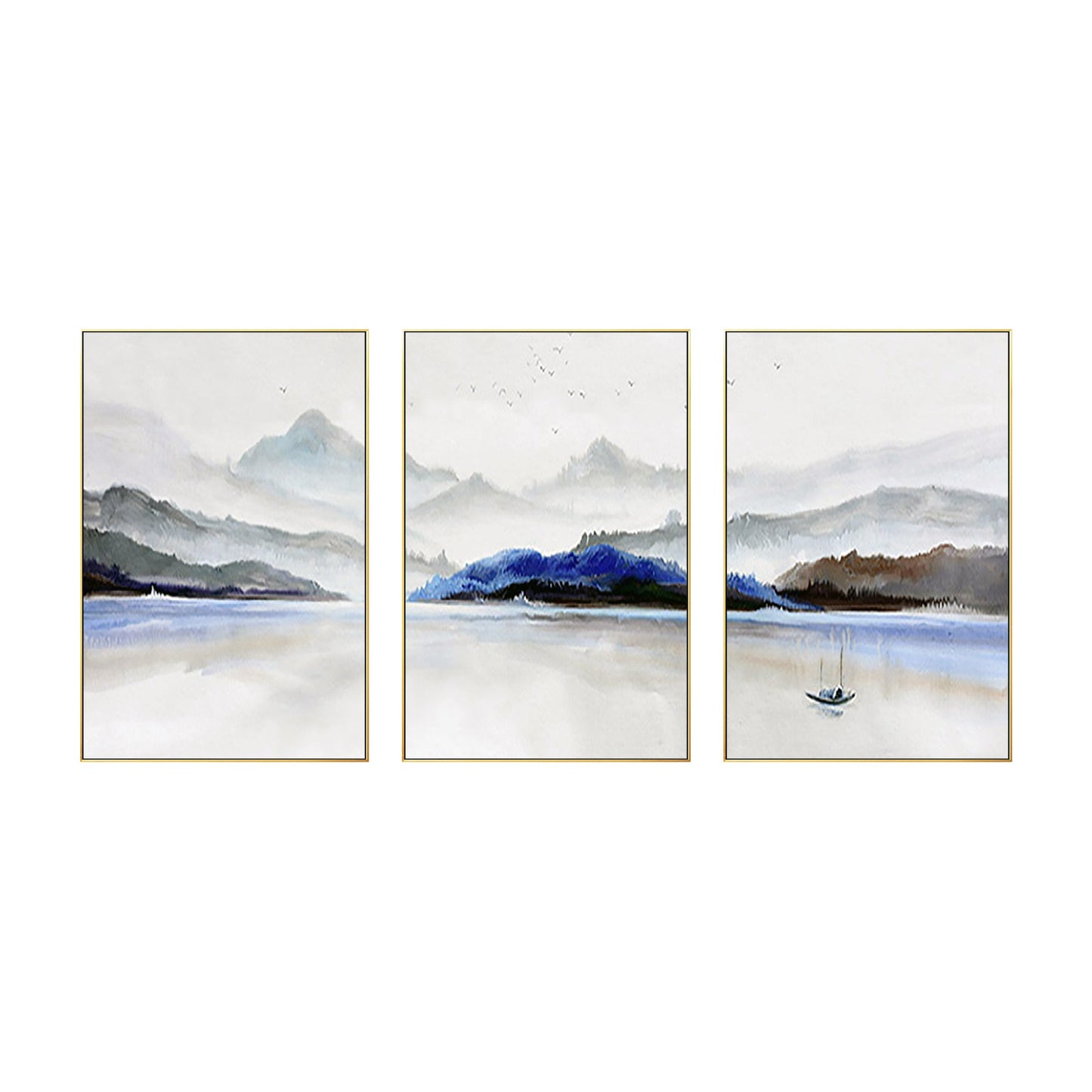 Set of 3 Pieces Mountain Lake Oil Painting Watercolor Art