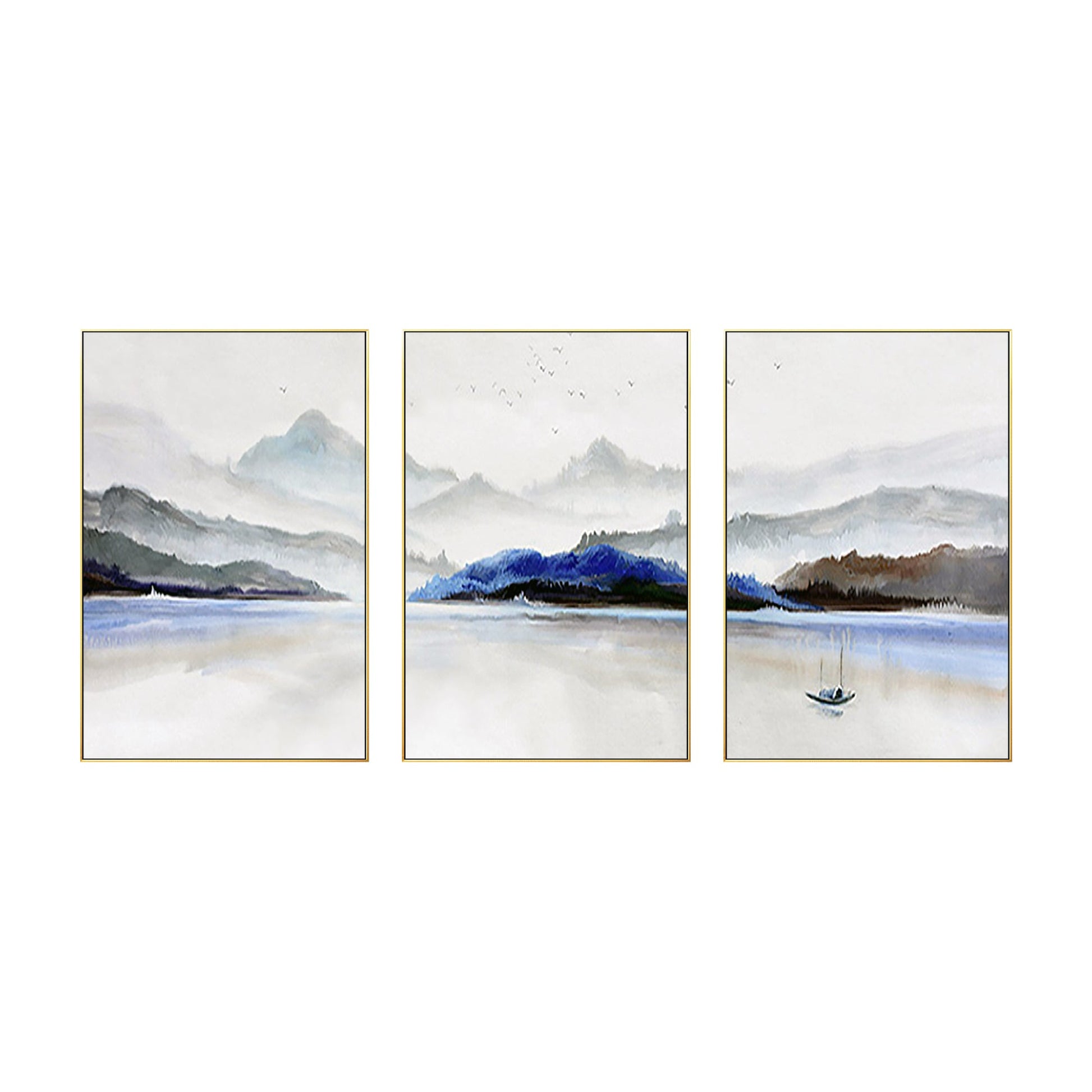 Set of 3 Pieces Mountain Lake Oil Painting Watercolor Art