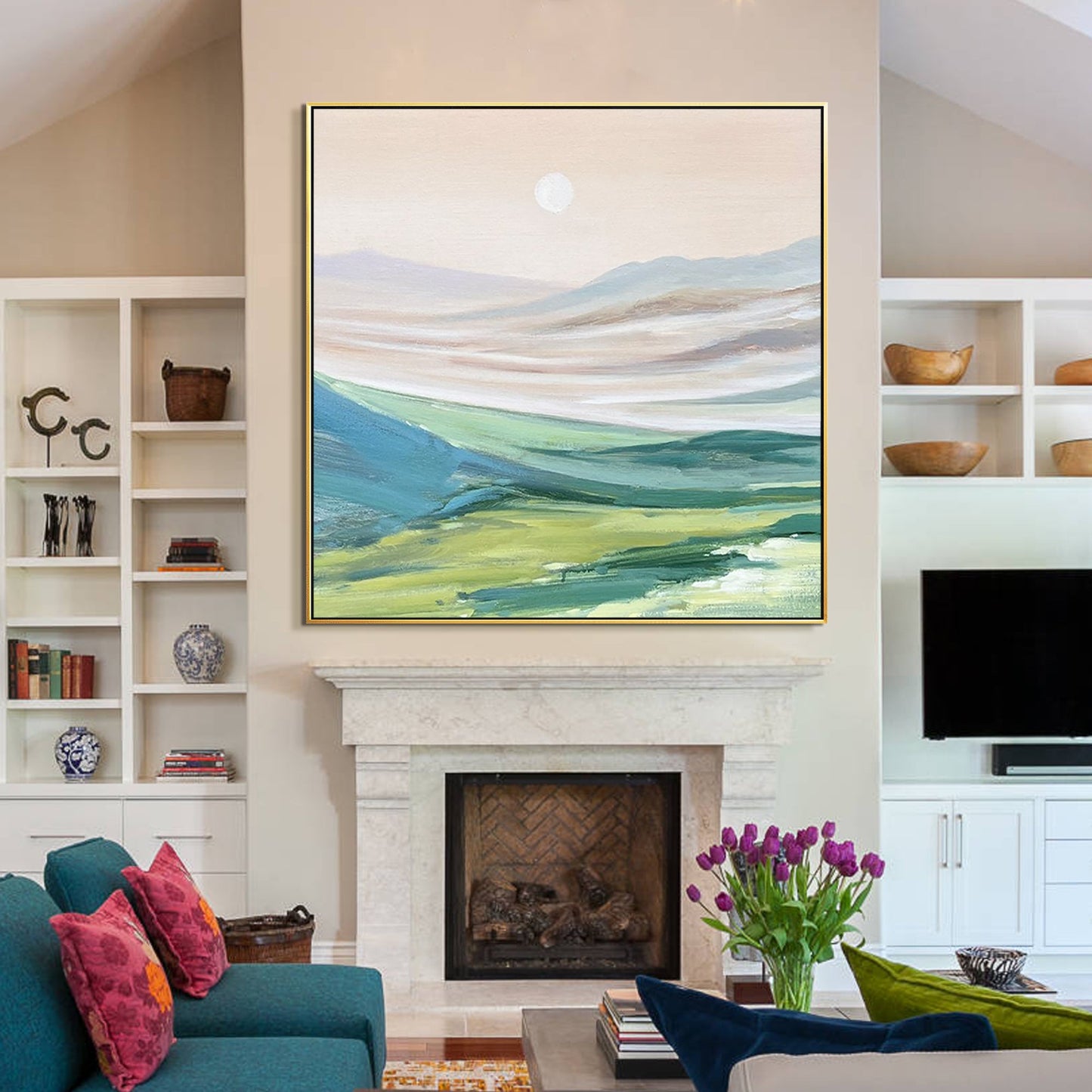 Sage Green Mountain Landscape Oil Painting