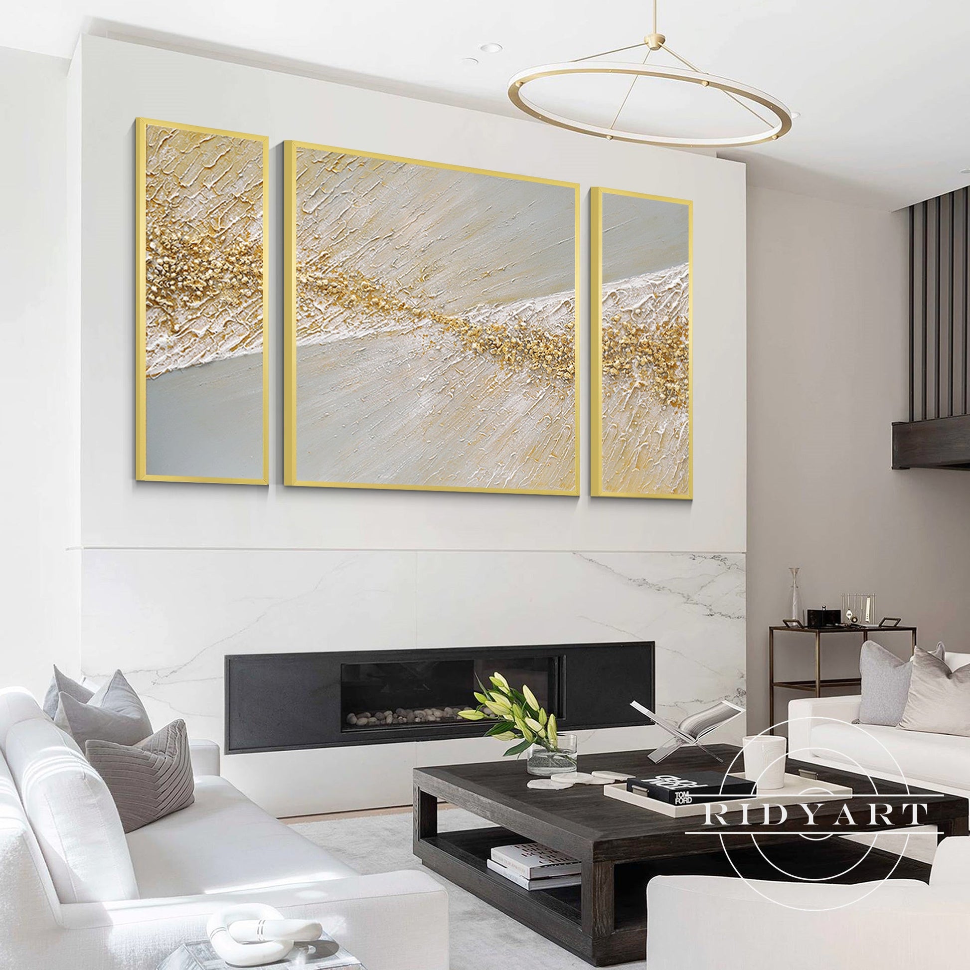 Set of 3 Gold beach wall art